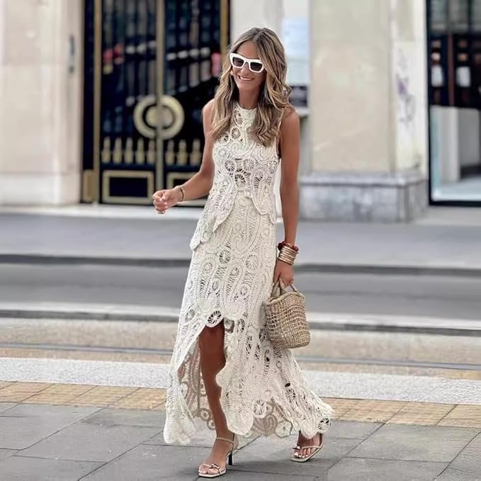 Women Crochet Sets Two Piece Sleeveless Hollow Out Lace Crop Top and Maxi Skirt Summer Vacation Boho Outfits